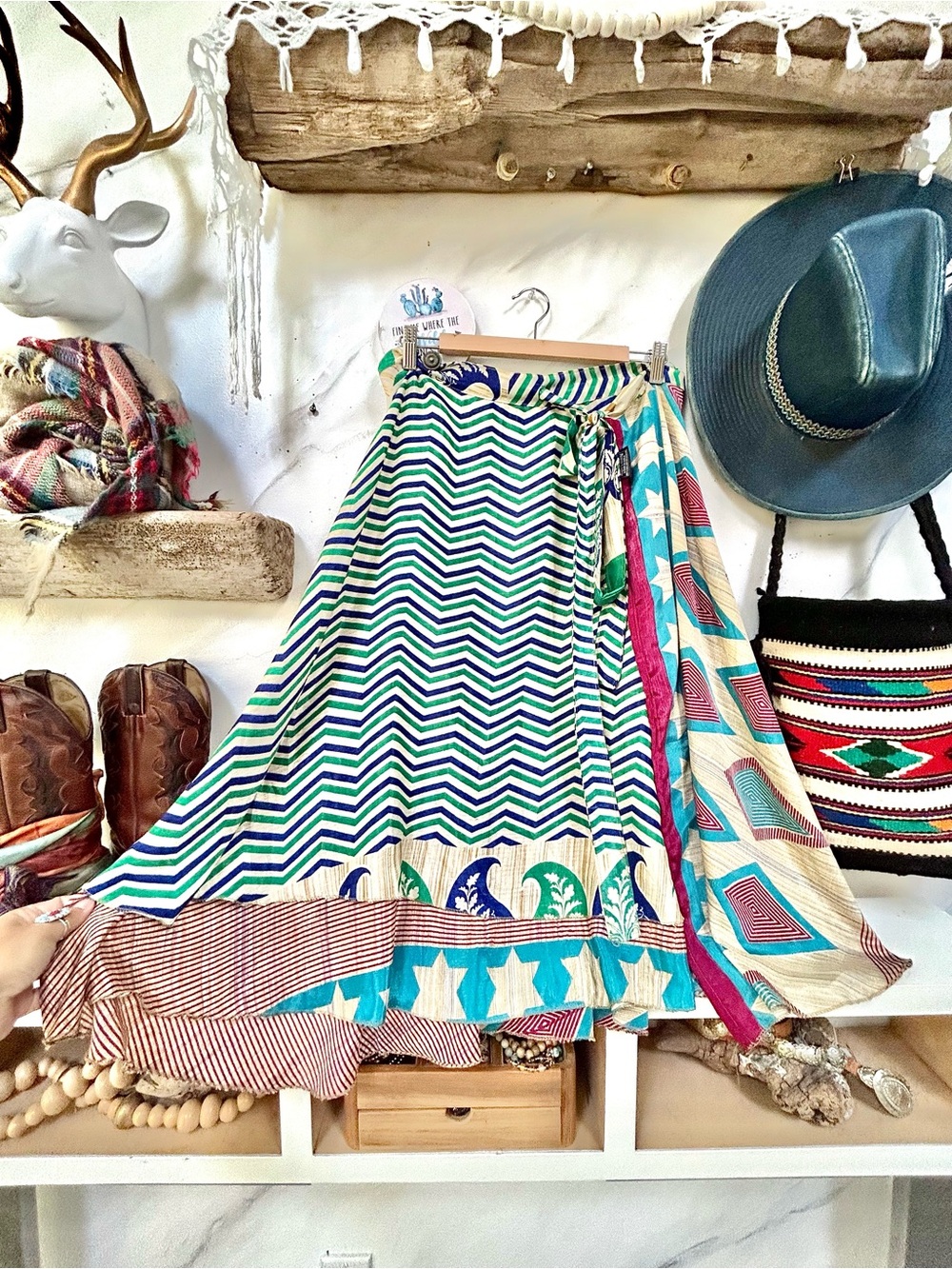 Reversible Silk Boho Chevron Wrap Skirt w hippy festival Gypsy patchwork vibe